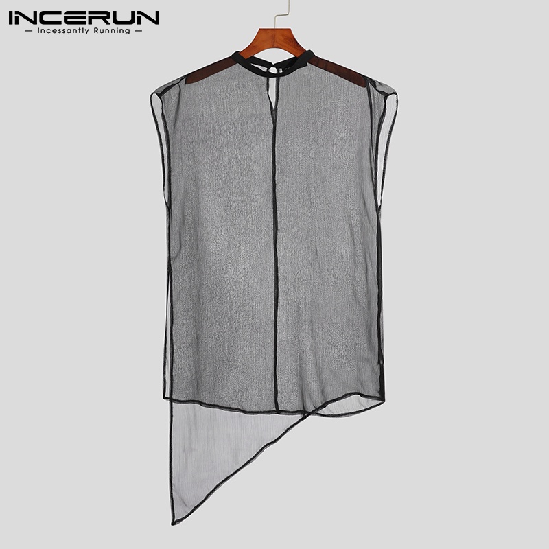 Áo không tay INCERUN màu đen dáng rộng kiểu dáng không đều thoáng khí hợp thời trang cho nam