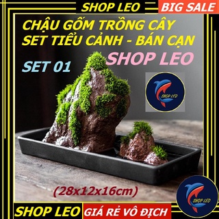 Chậu gốm set Tiểu cảnh ( Mẫu 01) - Set bán cạn - Đá thấm thủy set rêu - Cấy rêu - Trang trí non bộ - Tiểu cảnh