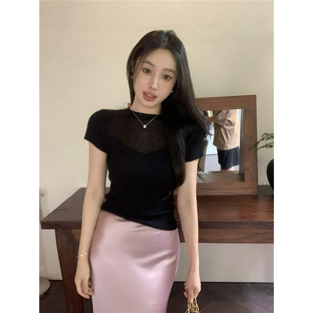 Cocory vn Áo Dệt Kim Tay Ngắn Dáng Ôm Thời Trang Mùa Hè Cho Nữ