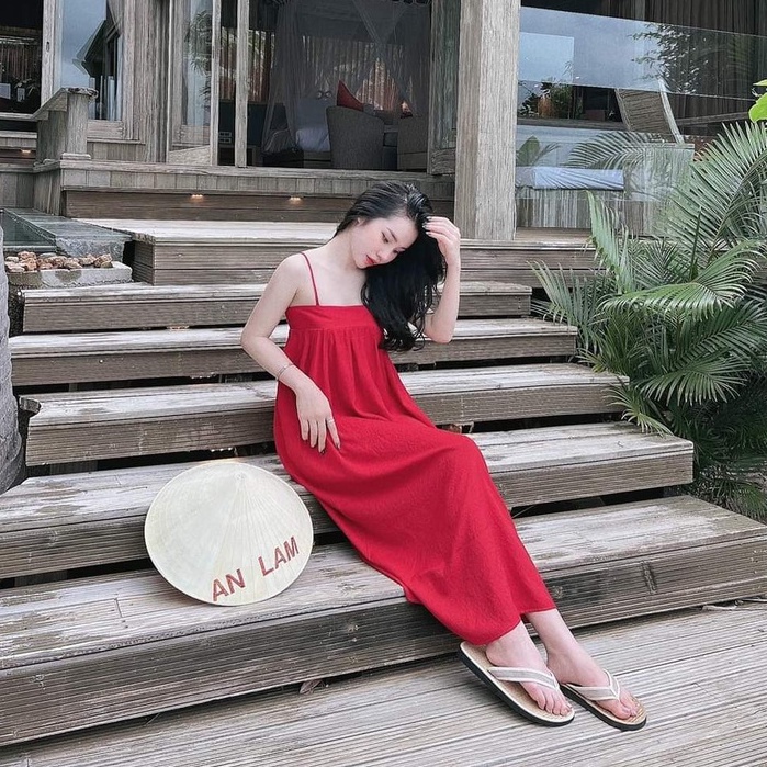 Đầm maxi 2 dây xanh cốm nâu tây đỏ xanh ngọc kèm turban đầm suông thụng dáng dài LD164