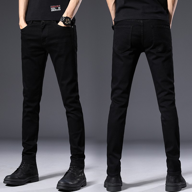 Quần jean mỏng phù hợp với màu đen của Hàn Quốc Nam giới Slim Fit Skinny Jeans Nam Jeans dài Denim Seluar Jeans