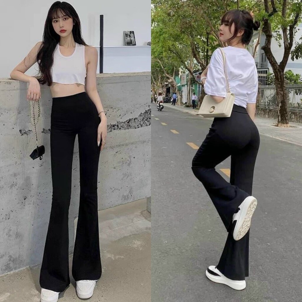 Quần ống loe nữ lưng cao vải thun cotton co dãn form chuẩn hack dáng, Quần legging nữ ống loe màu đen Geleva LEG429