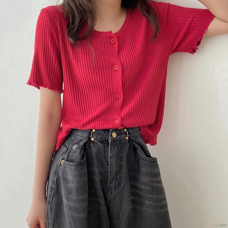 Áo Lửng Dệt Kim Tay Ngắn Cổ Tròn Phối Khuy Cài Hợp Thời Trang Cho Nữ