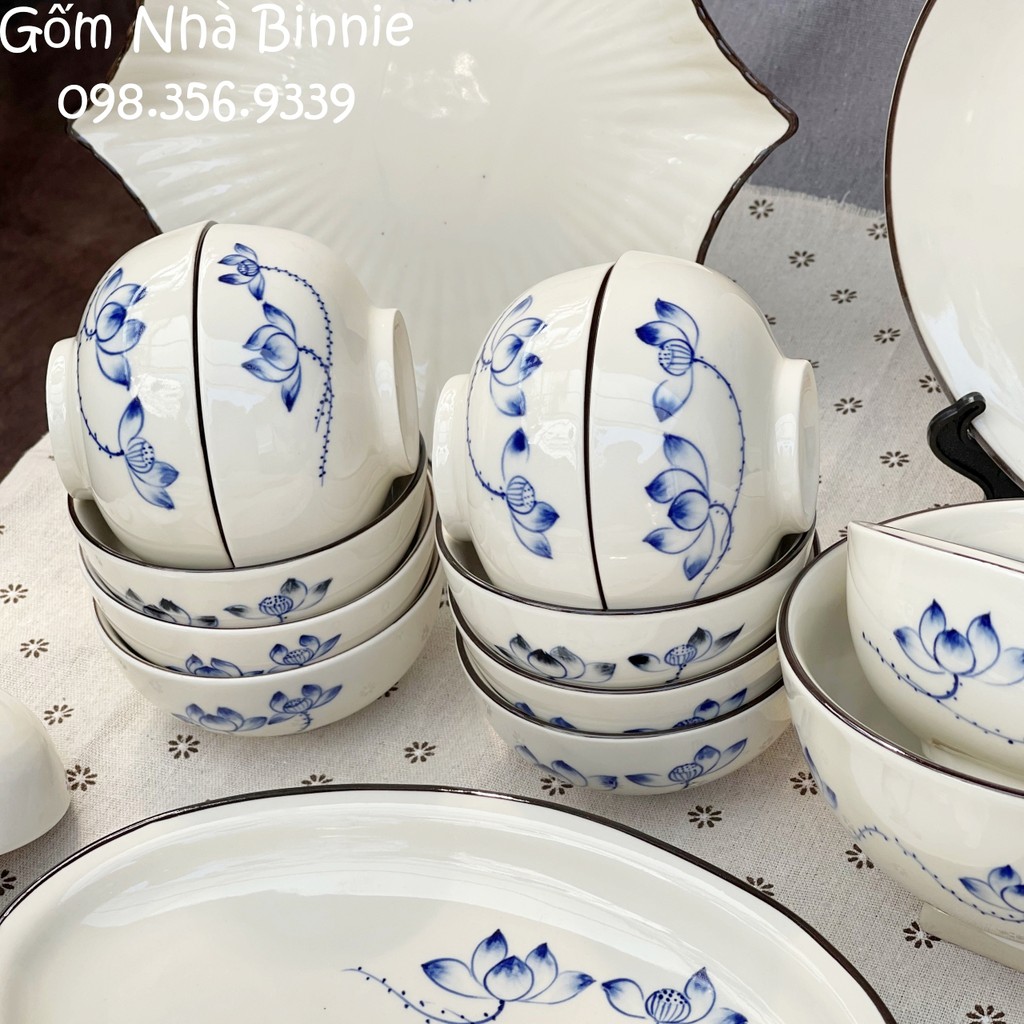 Bộ bát đĩa sứ Bát Tràng - Hoạ tiết hoa sen - Set gia đình 4 người