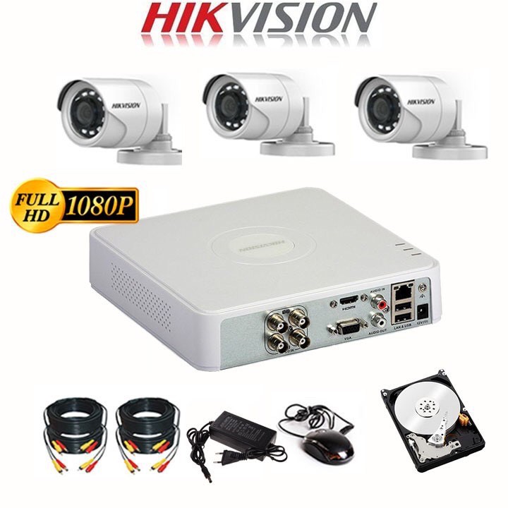 Trọn Bộ Camera giám sát Hikvision 2MP FHD 1080P - Chính Hãng - Đầy đủ Phụ kiện + HDD500GB [ Bộ 1-4 Mắt]