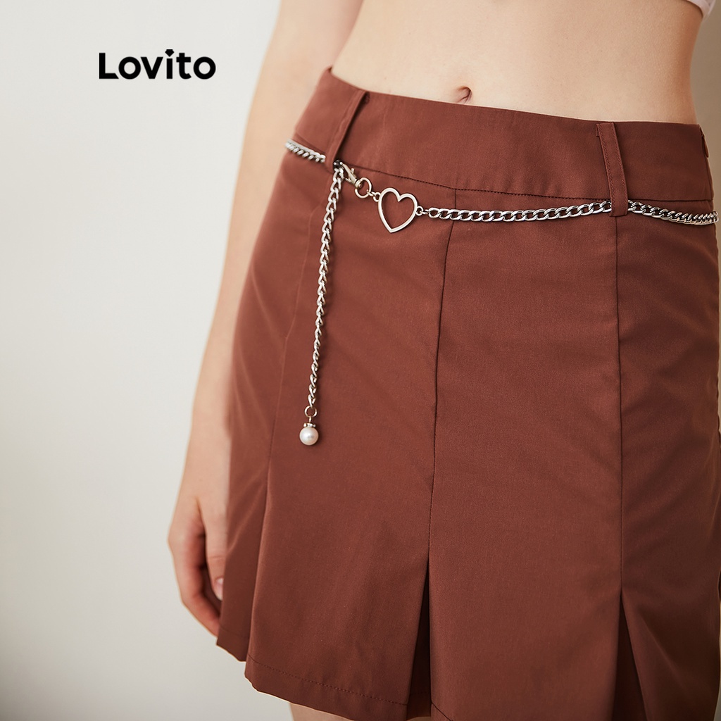106DP-Chân váy Lovito phối dây xích thắt lưng màu trơn phong cách Preppy đa năng L24AD163