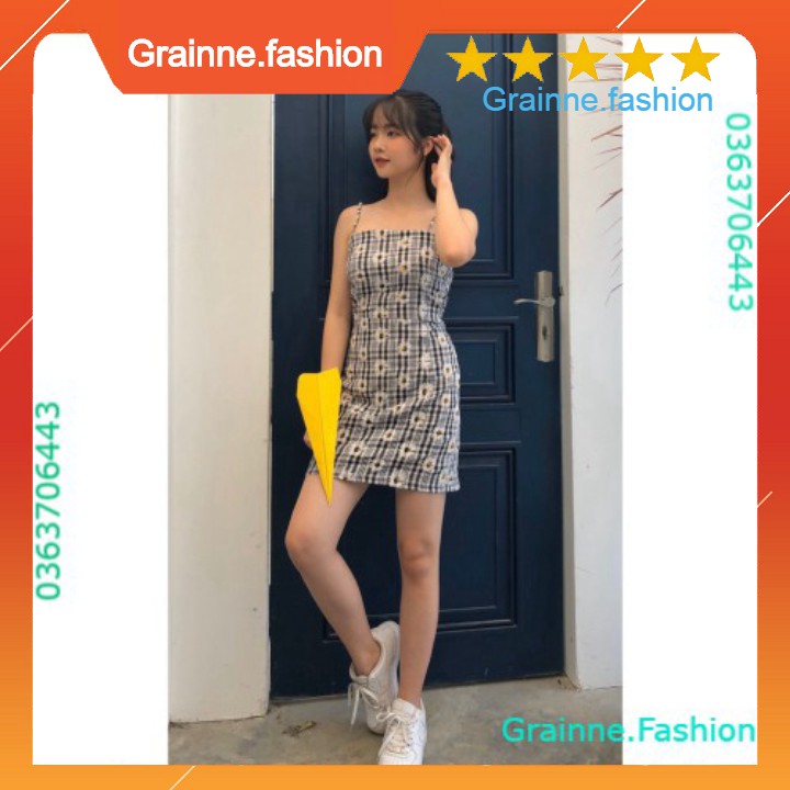 VÁY 2 DÂY KẺ CARO DAISY KHÓA KÉO CHUN SAU QUẢNG CHÂU - VÁY CHỮ A SỌC HOA CÚC HOT 💎 👗👑- GNFShop