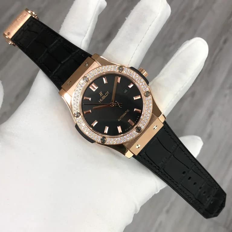 Đồng hồ Nam Hu-blot đính đá kép 2 vành đá máy cơ automatic mặt đen vỏ vàng hồng 42mm | BigBuy360 - bigbuy360.vn