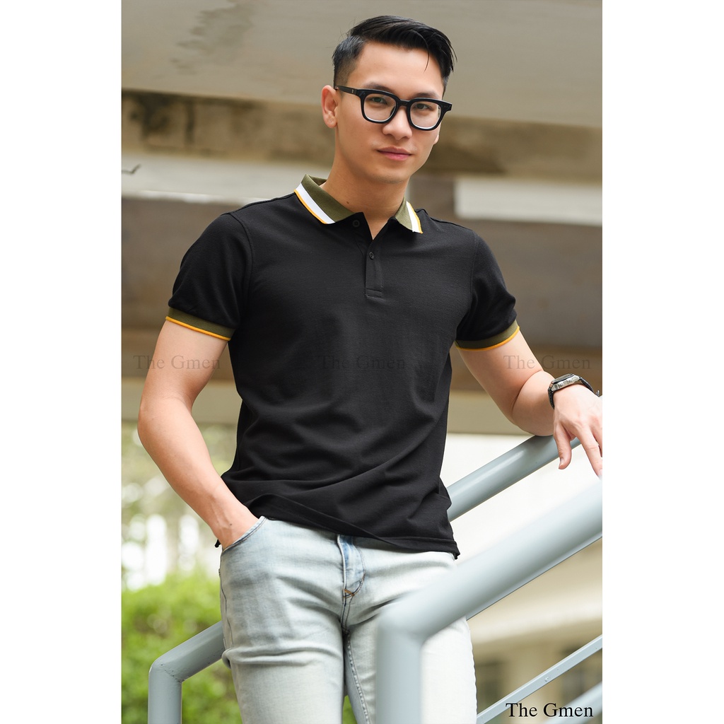 Áo Polo nam The GMEN Pique Polo Shirt họa tiết kẻ viền cổ, co giãn, thấm hút mồ hôi