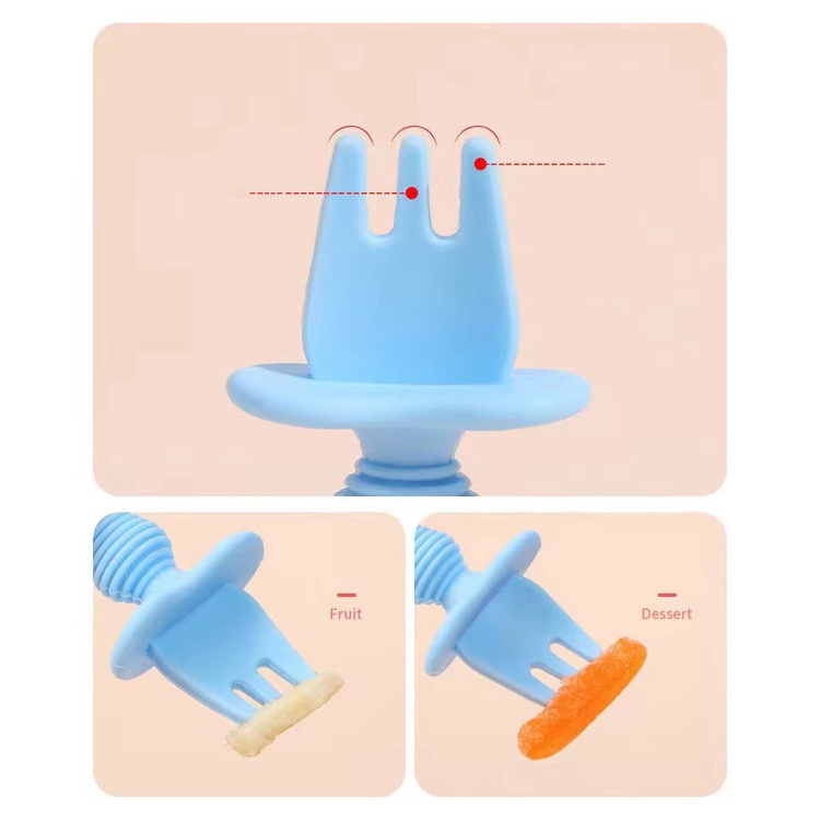 Bộ Muỗng Nĩa Bằng Silicone Mềm Tay Cầm Ngắn Dành Cho Trẻ Em