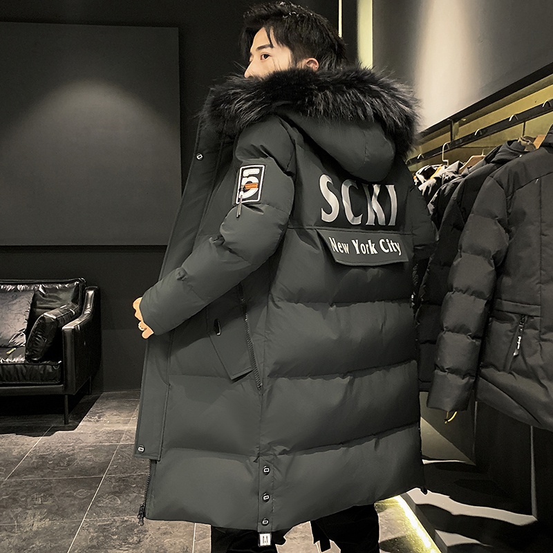 Áo phao nam đại hàn mũ lông dáng dài hàng quảng châu siêu dày