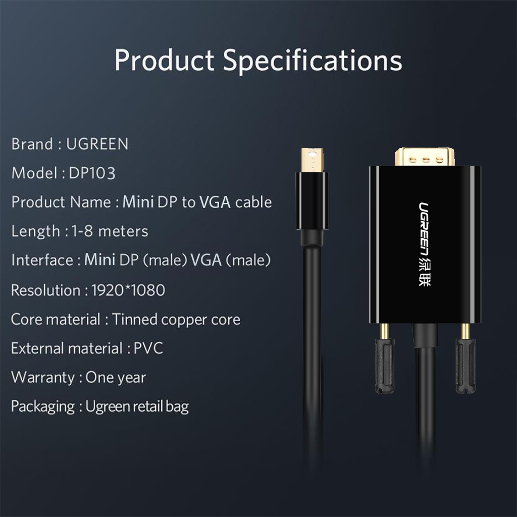 Cáp Mini DisplayPort ra VGA 1080p@60Hz Cao Cấp UGREEN MD103