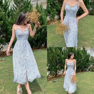 Váy maxi quả chery có mút ngực xẻ tà trước siêu xinh