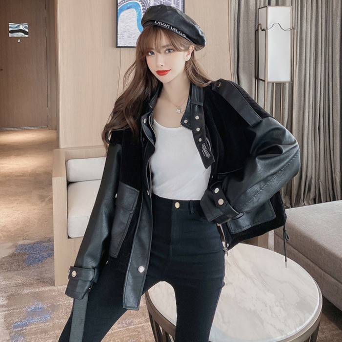 Áo da phối nỉ sọc dệt kim bụi bặm rốc chích cá tính chị đại giảm tuổi Ulzzang Hàn Quốc thời trang thu đông