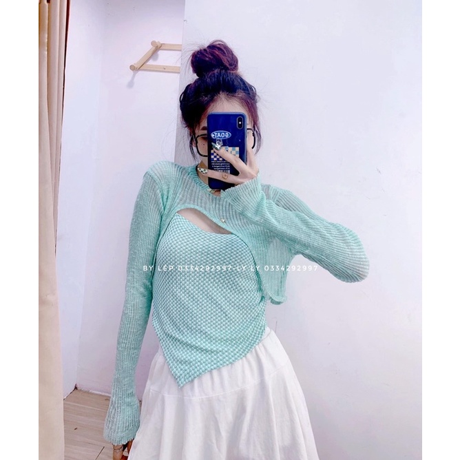 Set áo len dệt kim mỏng croptop màu pastel kiểu áo khoét lệch + áo 2s 2 dây yếm lệch