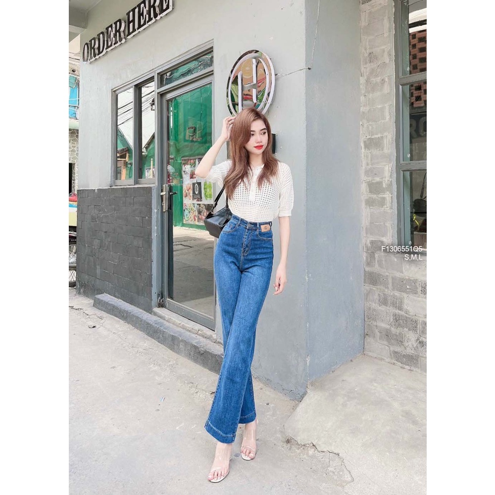 Quần jean dài ống suông đứng lưng cao gắn mác da tôn dáng!