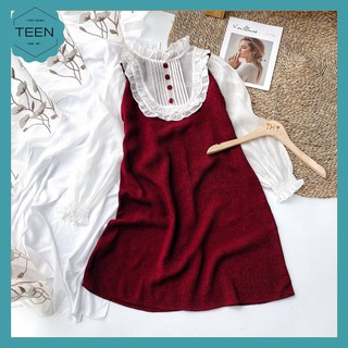 🤩 CỰC PHẨM🤩 TEEN Váy Dạ Màu Đô, Tay Cổ Bèo Viền Trắng Tiểu Thư - Váy Dạ Nữ Đủ SIZE S,M,L Mã WARN60
