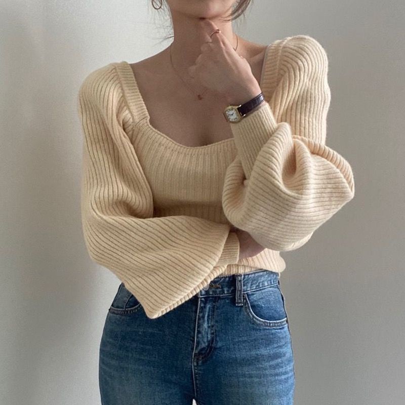Áo Dệt Kim Tay Dài Cổ Vuông Phong Cách Retro 208245 Áo Sweater Tay Phồng Dáng Ngắn Thời Trang Hàn Quốc