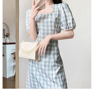 Váy/đầm kẻ xanh dương dáng ngắn đẹp, váy cổ sóng biển, váy được ưa chuộng, váy thanh lịch