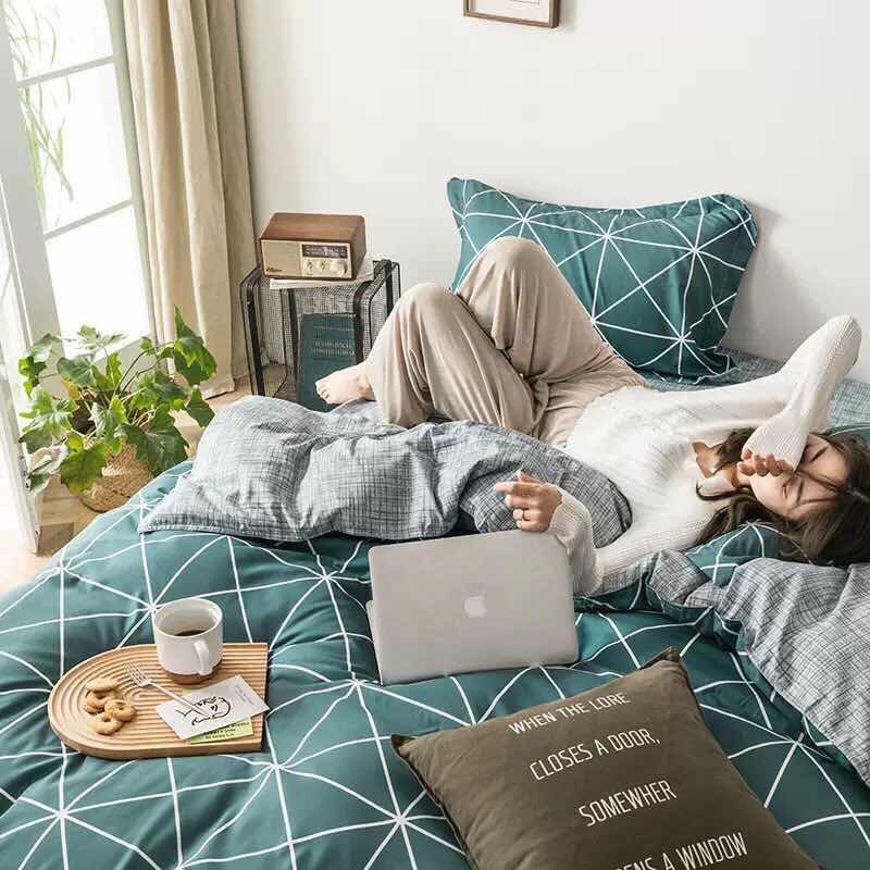 Bộ Ga Giường Chăn Ga 5 Món (Hình Thật) Kim Cương Xanh Lá Xám M2*2M-M4*2M- M6*2M-M8*2M