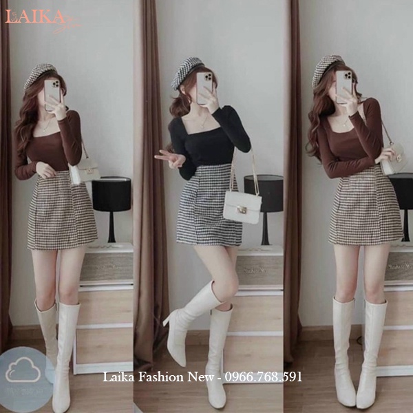 Chân váy chữ A ngắn lưng cao có quần lót trong dáng chân váy caro cạp cao vải dạ dày mềm ấm mặc công sở đi học hẹn hò
