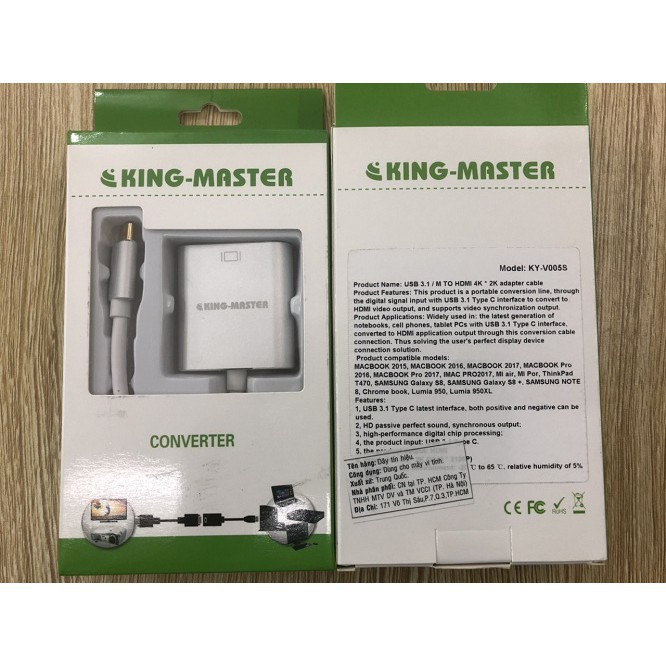 Cáp type c -&gt; HDMI Kingmaster KM V 005S , cáp chuyển type c từ máy tính sang HDMi của màn hình KM V 005s