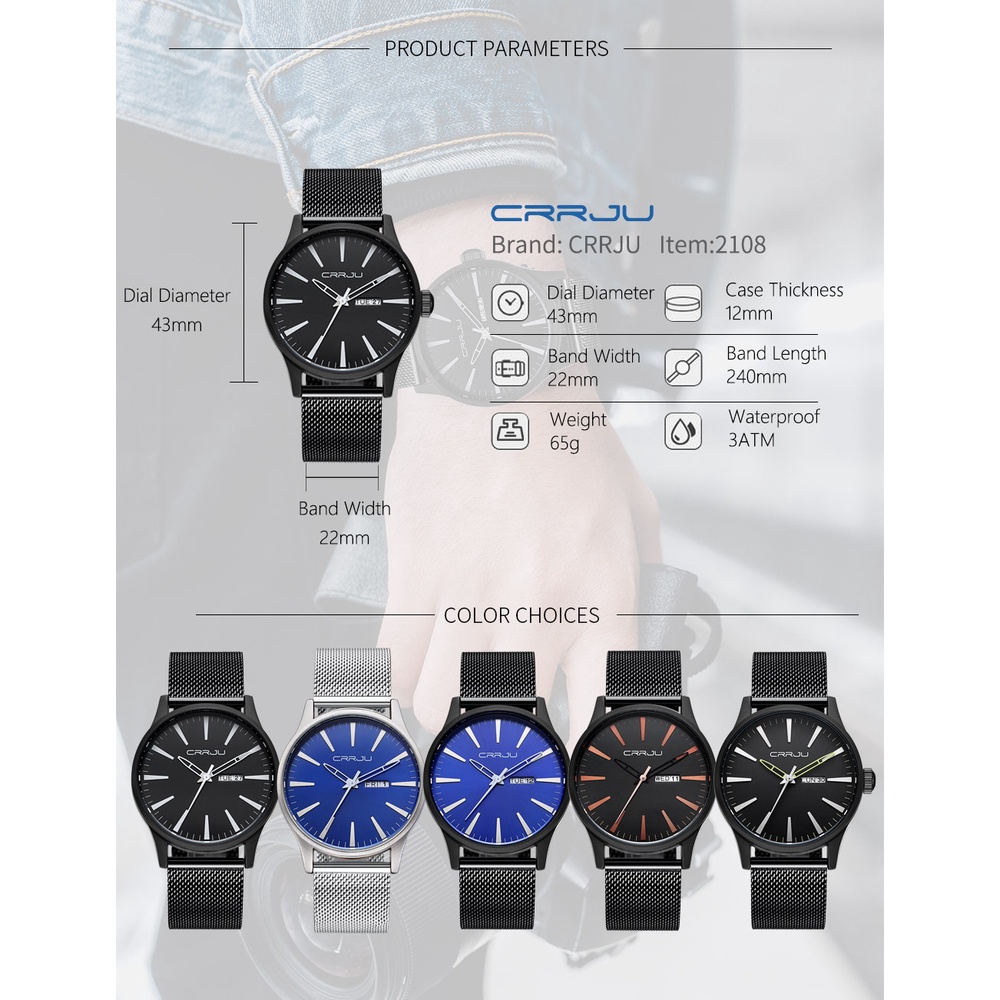Đồng hồ thạch anh CRRJU 2108 M mỏng bằng thép không gỉ chống nước cho nam