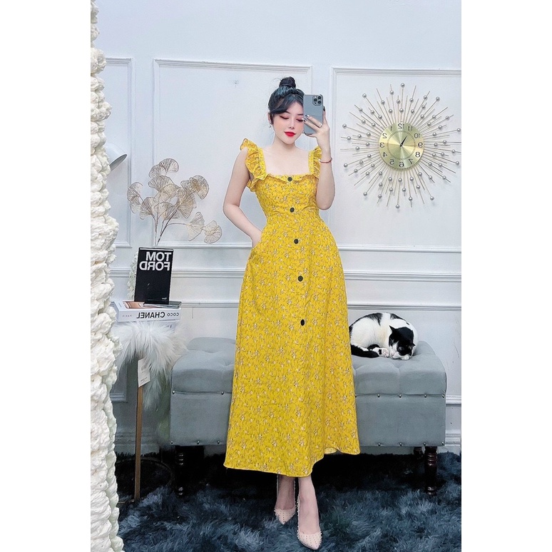 Đầm maxi cánh tiên hoa nhí phối nút bèo ngực hình thật siêu xinh