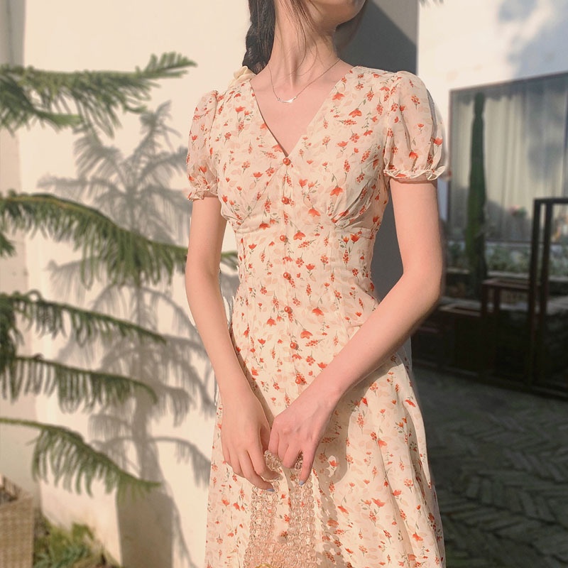 Váy nữ xinh💕FREESHIP💕Váy dáng dài chất voan họa tiết hoa nhí phong cách Pháp cổ điển nhẹ nhàng