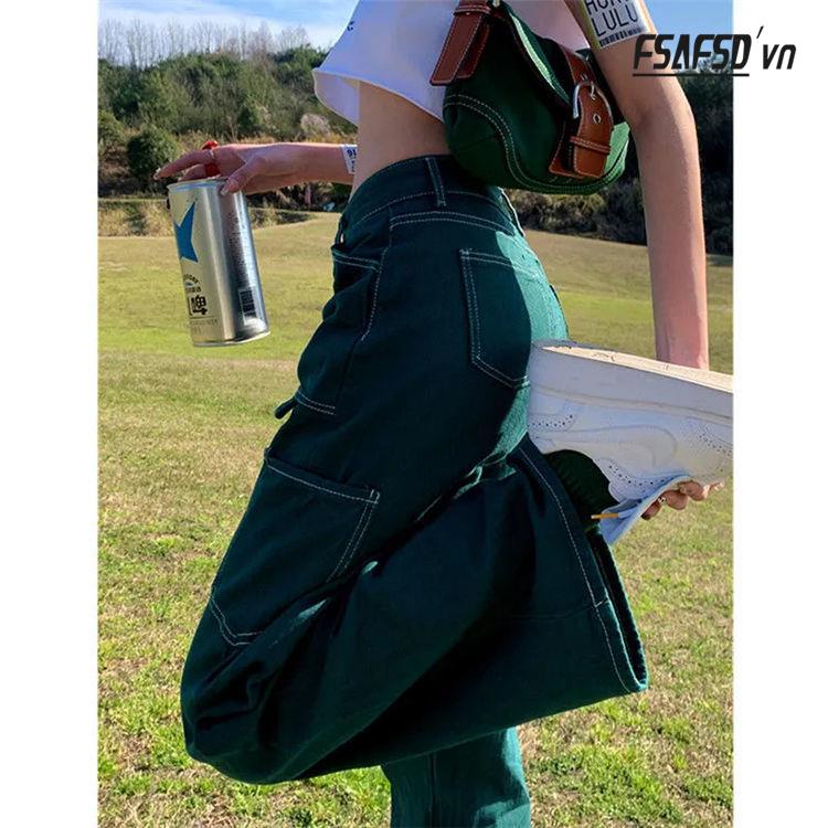 Quần Yếm Jeans Ống Rộng Lưng Cao Màu Xanh Lá Phong Cách Retro Mỹ Hàng Mới Dành Cho Nữ