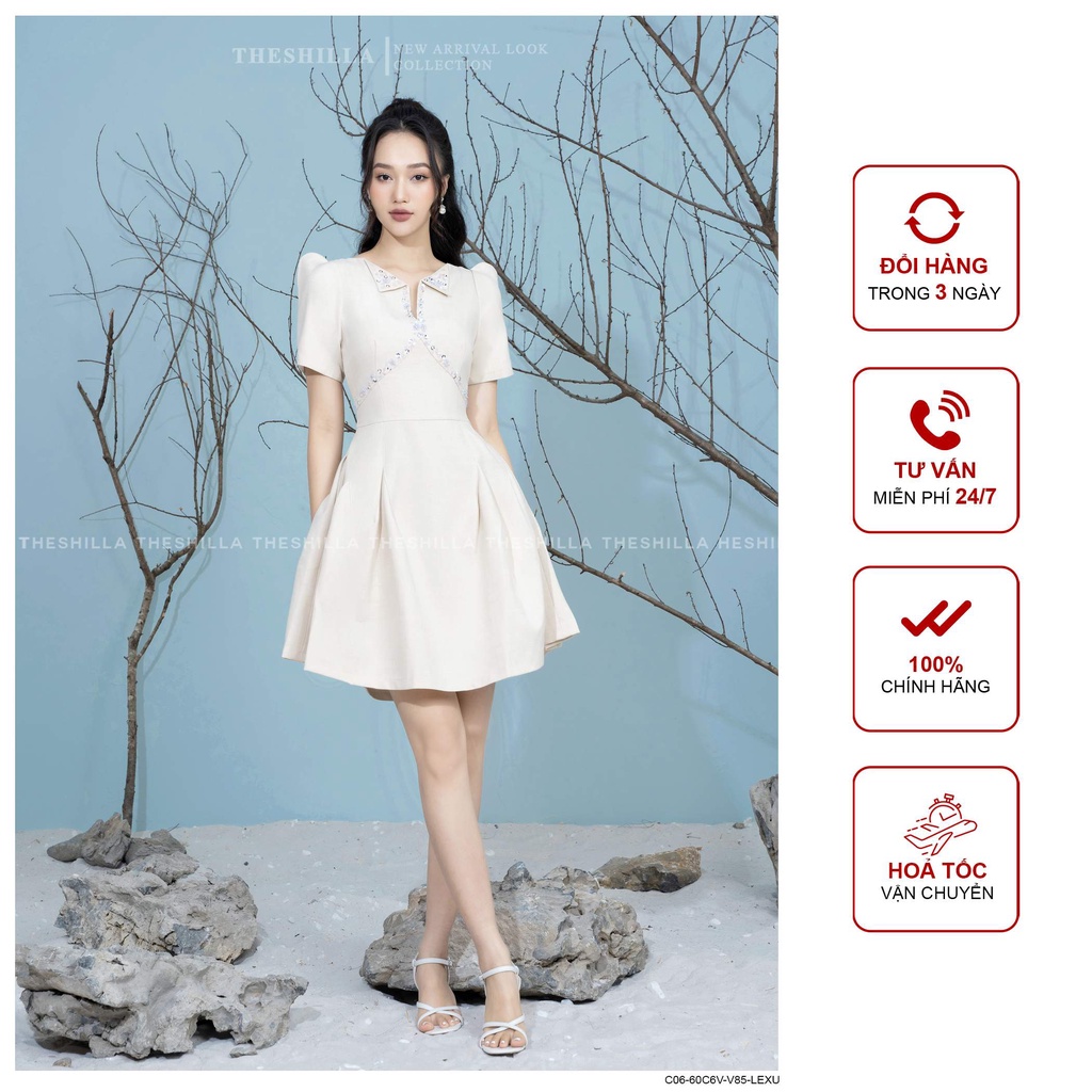 Váy thiết kế cao cấp màu kem tay lở họa tiết đính thủ công [ Có video + Ảnh thật ] The Shilla - C06-60C6