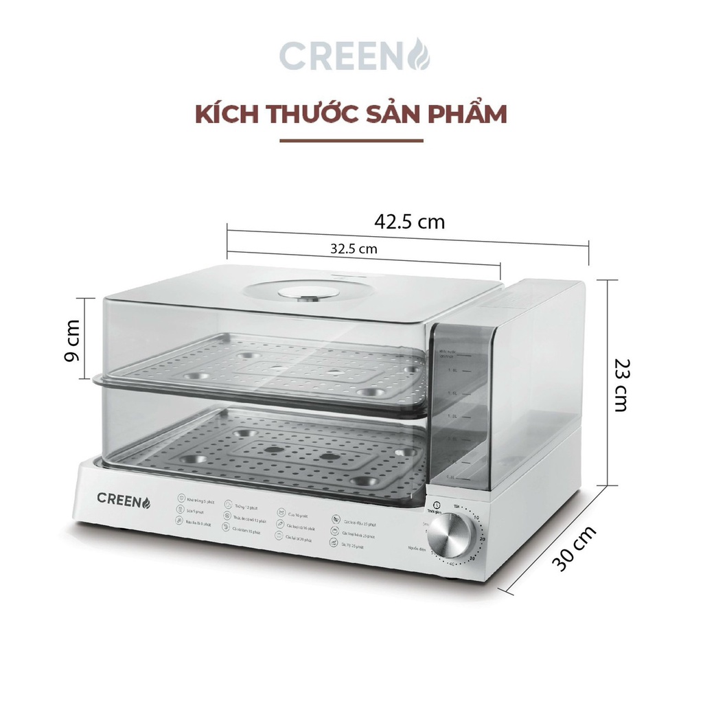 Nồi hấp điện CREEN CR-135CF dung tích 13.5L - Nồi hấp 2 tầng thông minh, giữ nhiệt