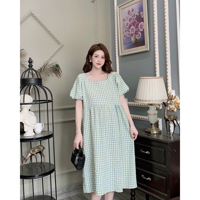 Đầm bầu kẻ ô dáng babydoll tay phồng siêu xinh chất đũi mềm