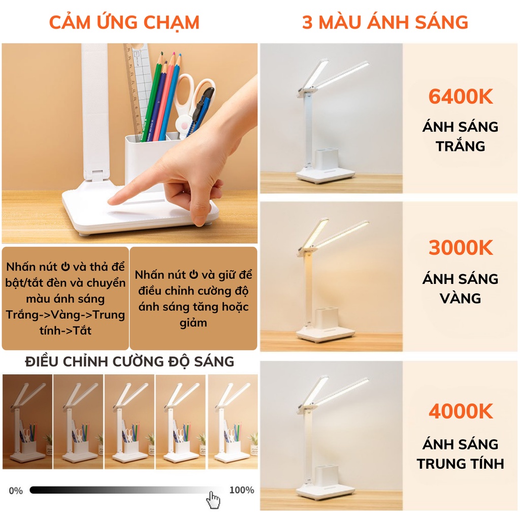 Đèn học để bàn chống cận, Đèn học cảm ứng tích điện 3 chế độ ánh sáng, đèn bàn học đọc sách, làm việc