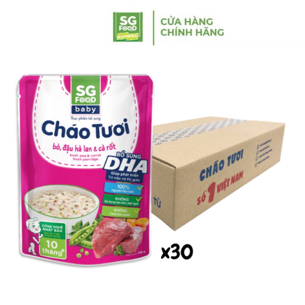 Thùng 30 Gói Cháo Tươi Baby Bò, Đậu Hà Lan & Cà Rốt 240g Sài Gòn Food