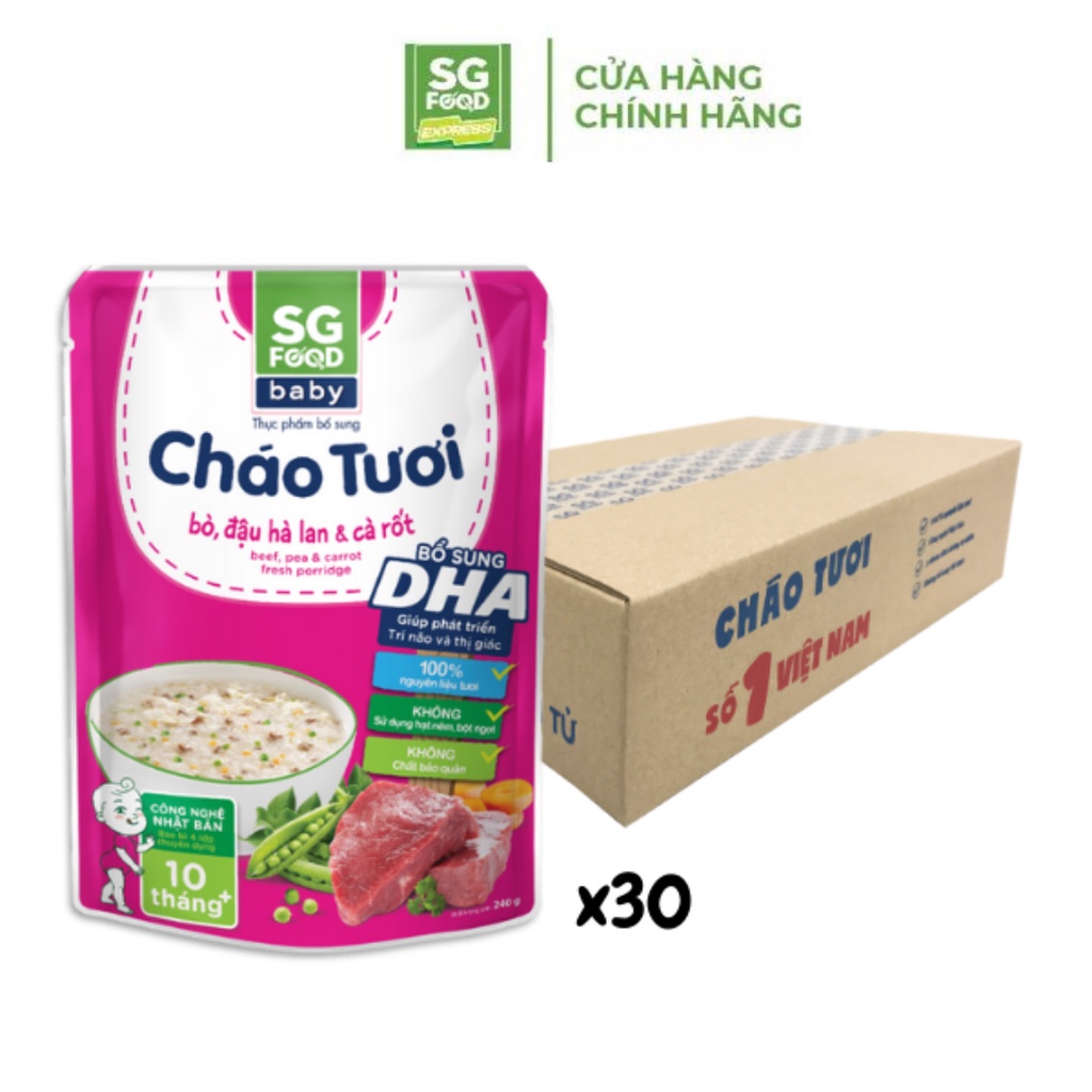 Thùng Cháo Tươi Baby Sài Gòn Food Bò, Đậu Hà Lan &amp; Cà Rốt 240g x30