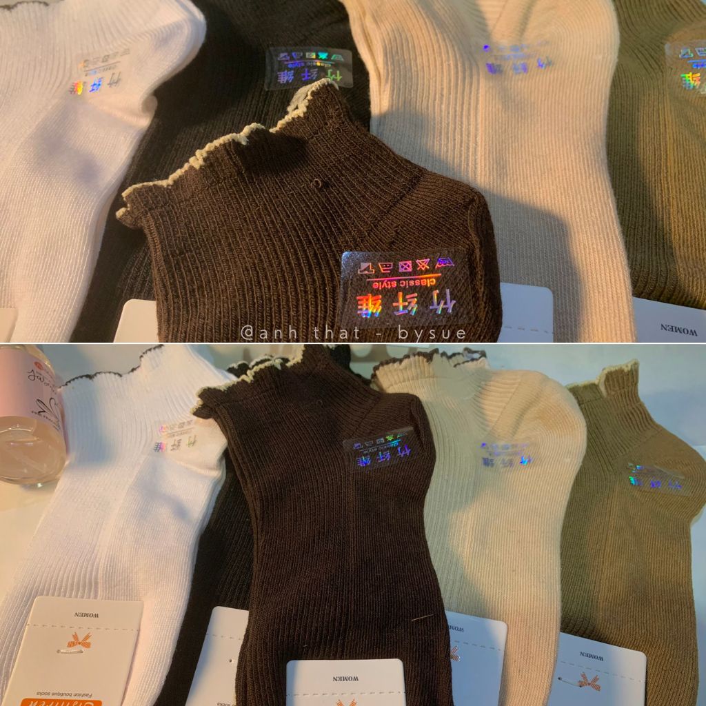 Tất vớ nữ cổ ngắn viền bèo dễ thương gân tăm phong cách Vintage Hàn Quốc - Tất trà sữa