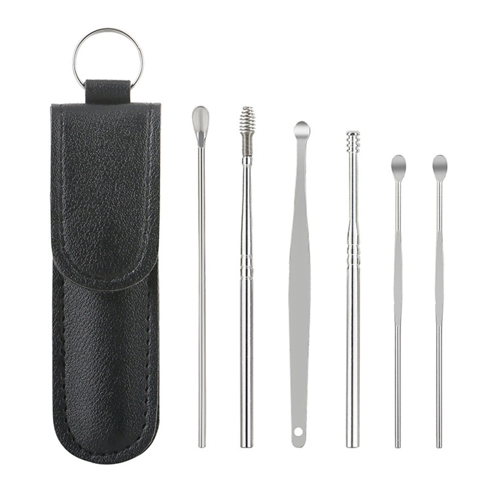 (Kèm Bao Da) Bộ Dụng Cụ Ngoáy Tai Inox 6 Món - Lấy Ráy Tai Thép Không Rỉ 6 Món - Mát Xa Tai - Làm Sạch Tai Hiệu Quả