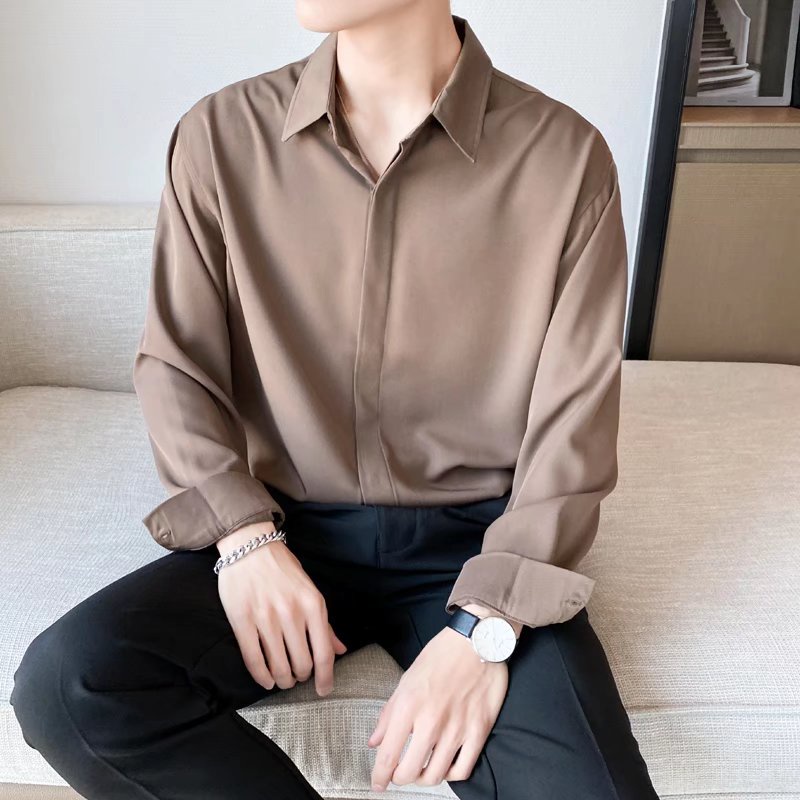 Korean Fashion New Arrival High Quality Simple Loose Long Sleeve Shirt Loose Color For Men
