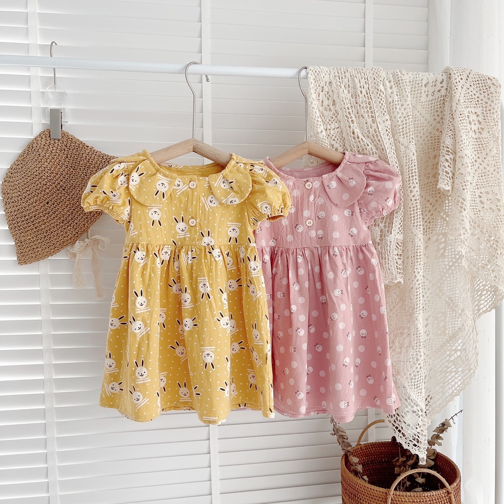 ✨BÁN SỈ✨D003- Đầm tai thỏ bé gái 2 màu chất thô cara mềm
