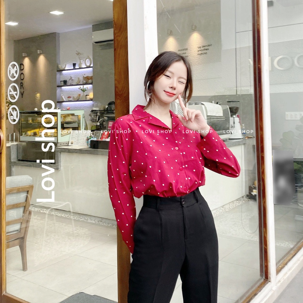 LOVI SHOP- Áo sơ mi bi đỏ tay dài siêu basic