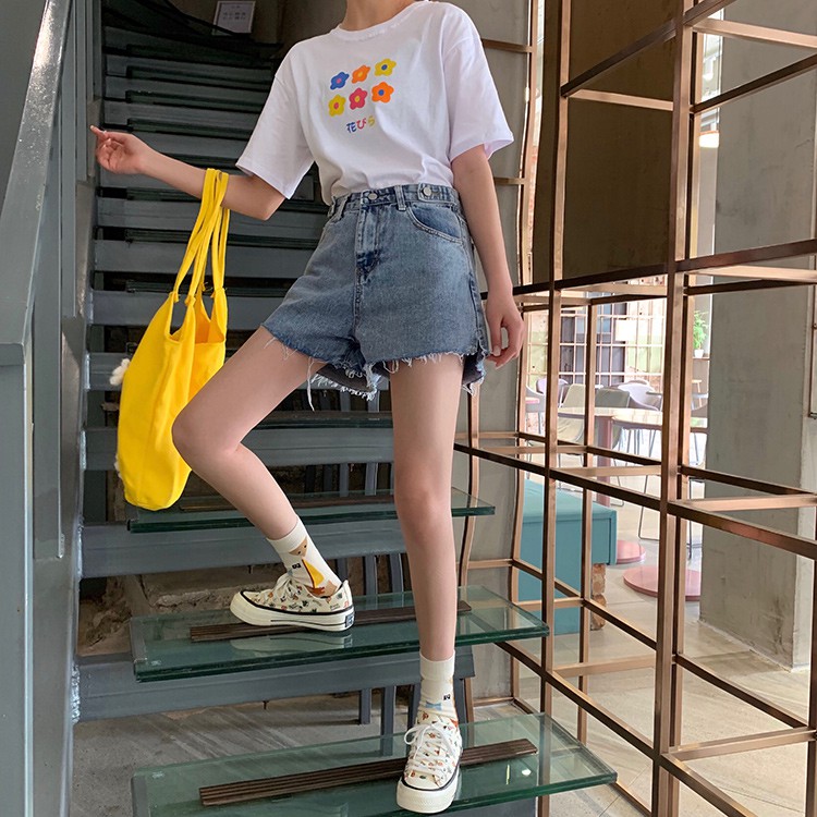 Quần Short Xiaozhainv Vải Denim Lưng Cao Ống Rộng Cho Nữ | BigBuy360 - bigbuy360.vn