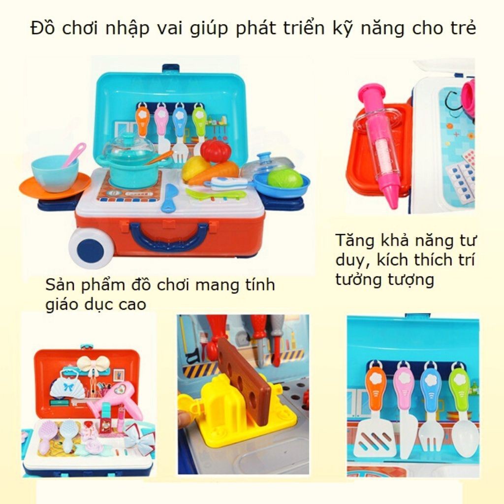 Bộ đồ chơi nấu ăn, trang điểm, bác sĩ bằng nhựa cao cấp kèm vali kéo tiện dụng cho bé - Dinobaby