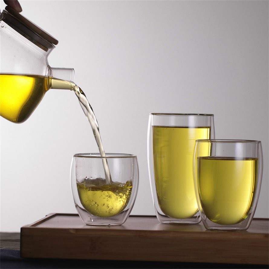 Ly Thủy Tinh 2 Lớp Trong Suốt + Nắp Gỗ Tre Đựng Cà Phê Sữa