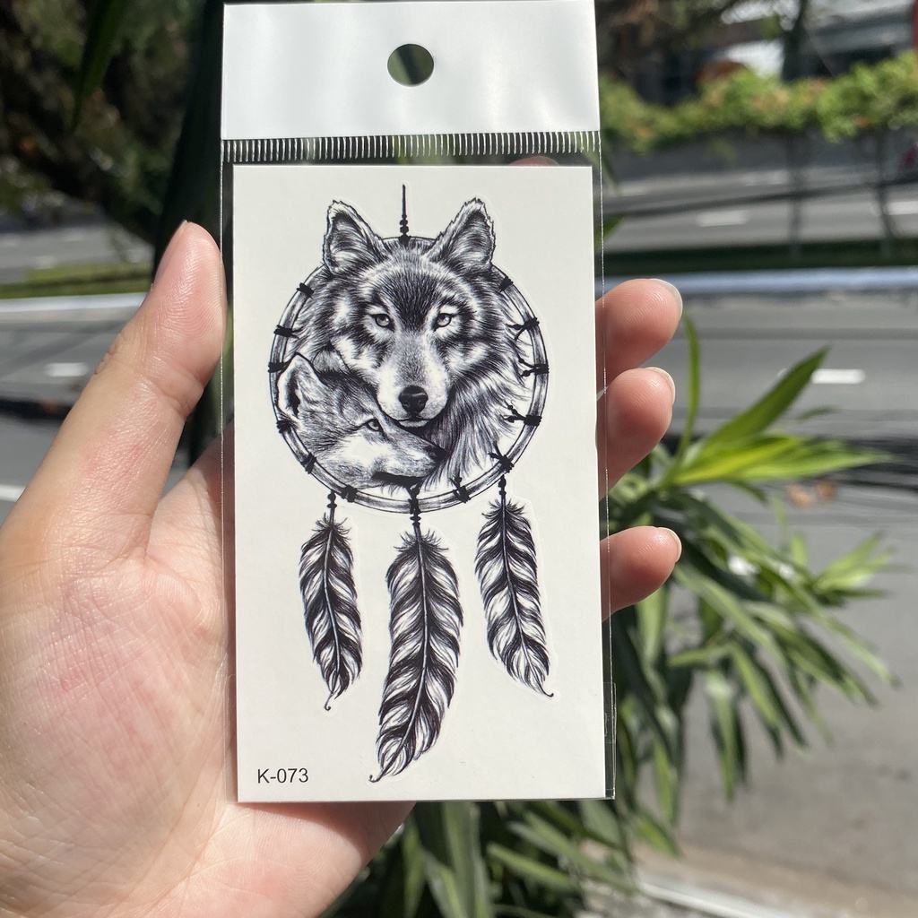 Hình xăm dreamcatcher đầu sói k073- miếng dán tatoo tạm thời size &lt;10x6cm