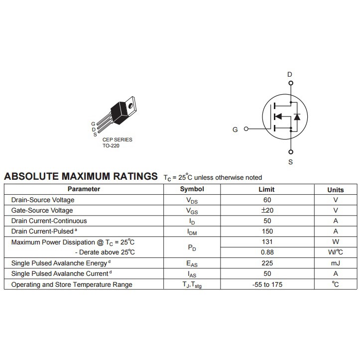 MOSFET 50N06 TO220 N-CH 60V 50A