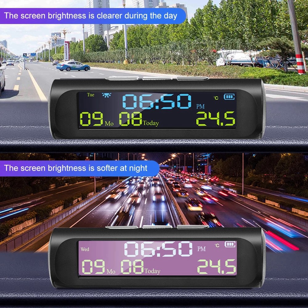 Đồng Hồ Điện Tử Năng Lượng Mặt Trời Màn Hình LCD Hiển Thị Nhiệt Độ Ngày Tháng Trang Trí Nội Thất Xe Hơi