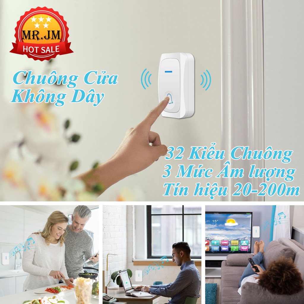 [ Bảo Hành ] Chuông Cửa Không Dây 32 Kiểu Chuông 3 Mức Âm Lượng Khoảng Cách Tín hiệu lên tới 200 mét Nút Ấn Chống Nước