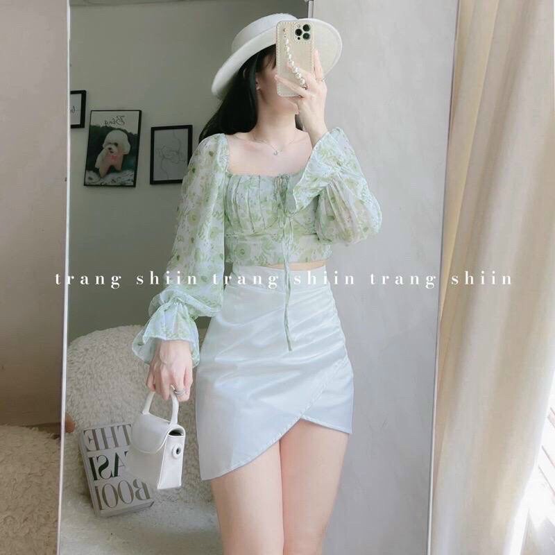 SET ÁO HOA DÂY XANH CHÂN VÁY TRẮNG VẠT