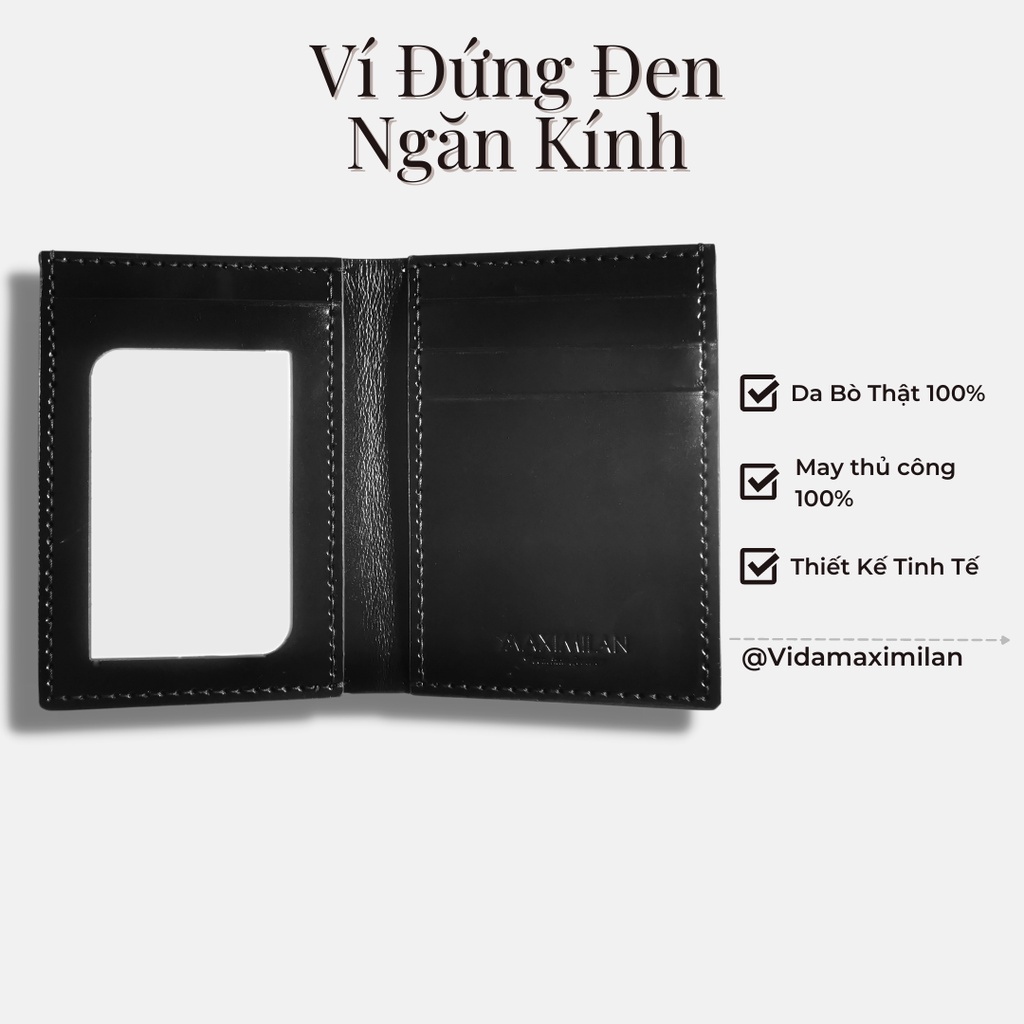 VÍ ĐỨNG ĐEN NGĂN KÍNH - Da Bò Thật 100%